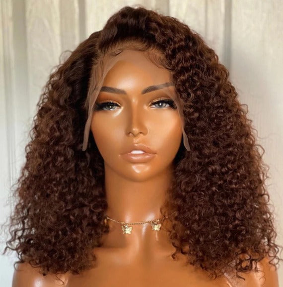 Ossilee Hair #4 Brown Jerry Curls 13x4 Frontal Human Hair Bob Wig