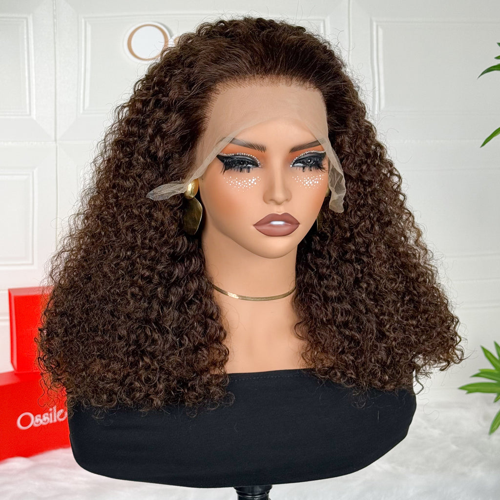 OSSILEE Hair Double Drawn #4 Brown Jerry Curly 13x4 Frontal Lace Human Hair Wig