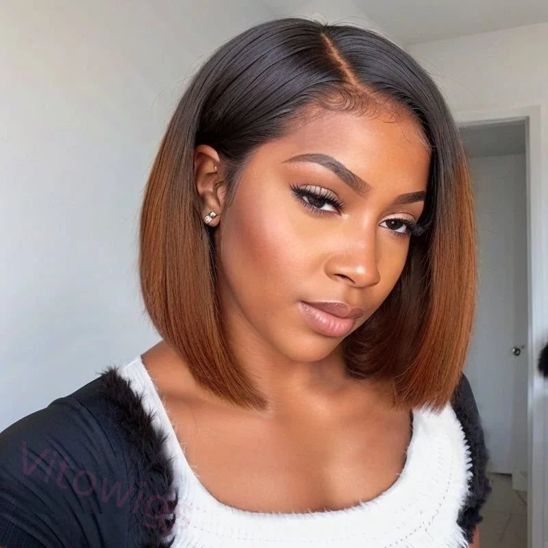 Ossileehair Straight Hair BOB Full Frontal 13X4 Bob Wig Ombre Brown #T1/4 100% Human Hair