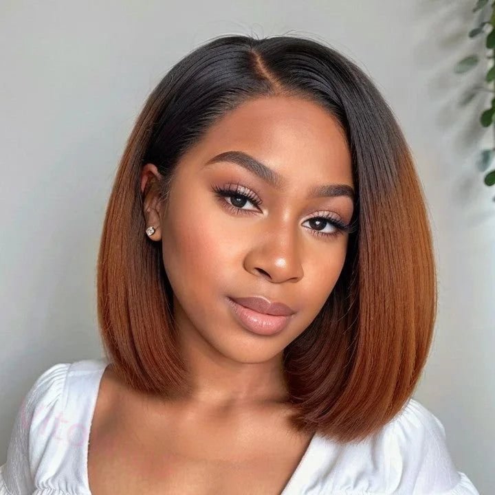 Ossileehair Straight Hair BOB Full Frontal 13X4 Bob Wig Ombre Brown #T1/4 100% Human Hair
