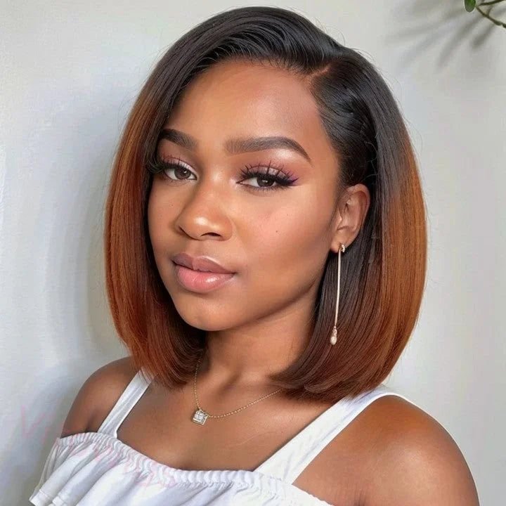 Ossileehair Straight Hair BOB Full Frontal 13X4 Bob Wig Ombre Brown #T1/4 100% Human Hair