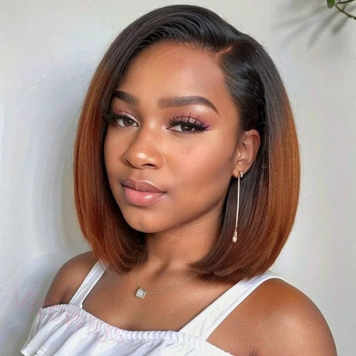 Ossileehair Straight Hair Glueless BOB Full Frontal 13X4 Bob Wig Ombre Brown #T1/4 100% Human Hair